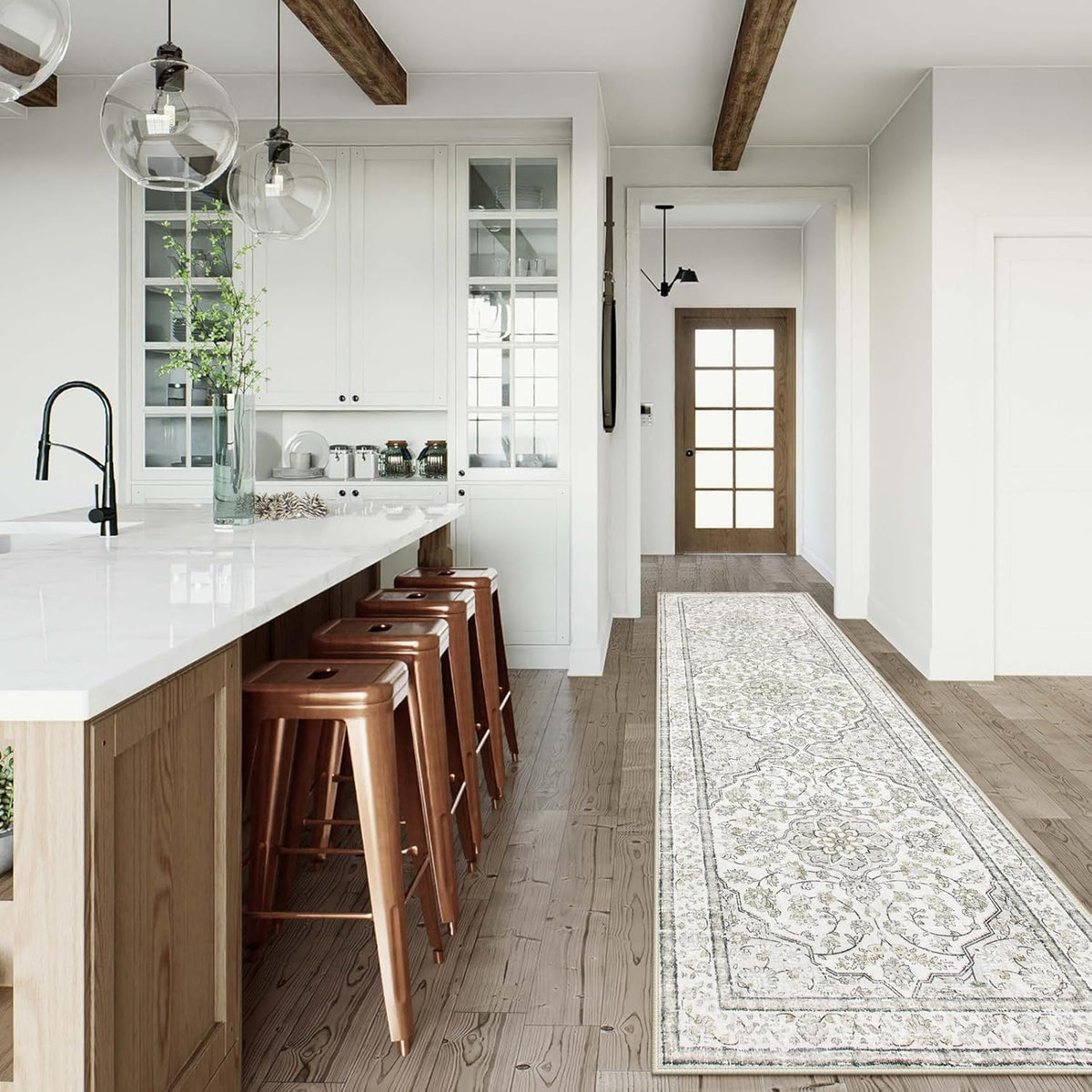 Oriental Runner for Hallways Washable Beige Kitchen Runners Non Skid Long Entryway Rug Runners 10ft Ulra-Thin