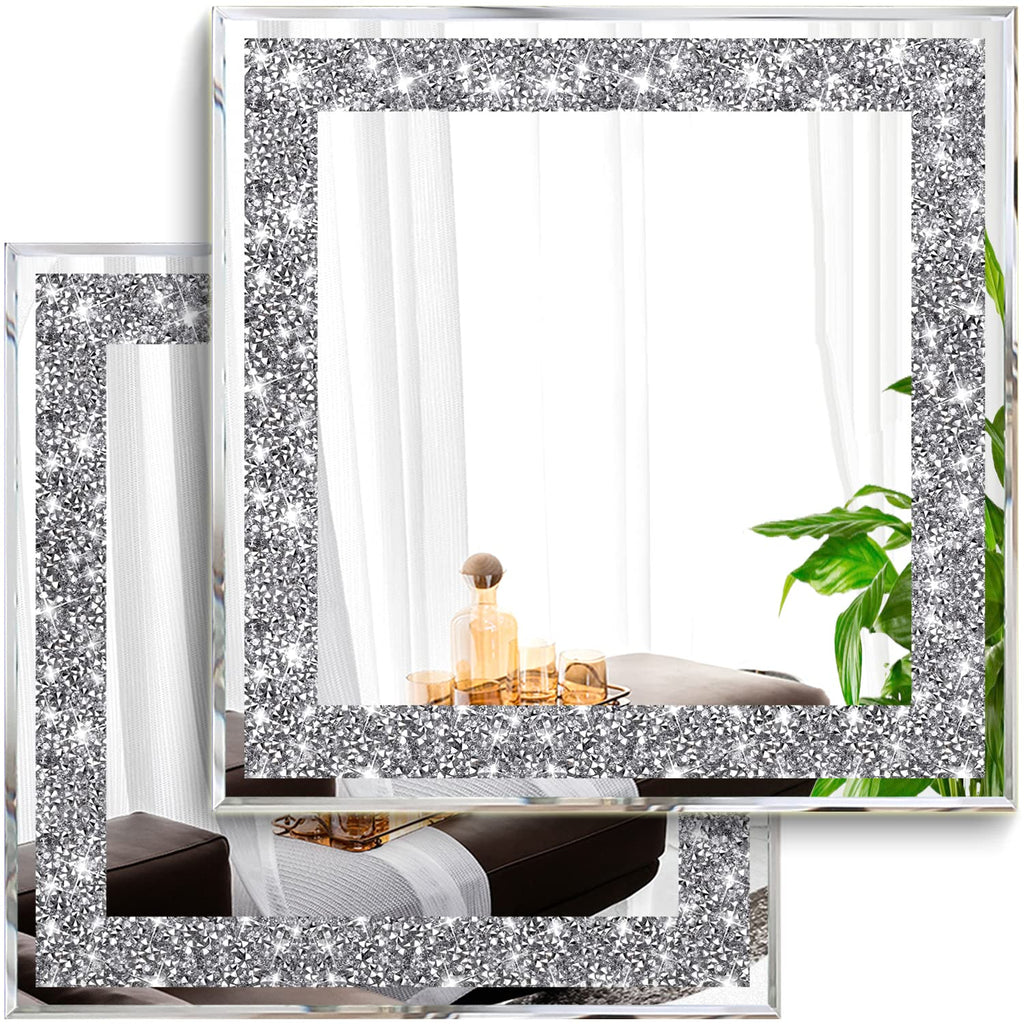 2 Piece Wall Mirrors, Crush Diamond Mirrors Decor, Silver Decorative Bedroom, Bathroom. (12"x12")