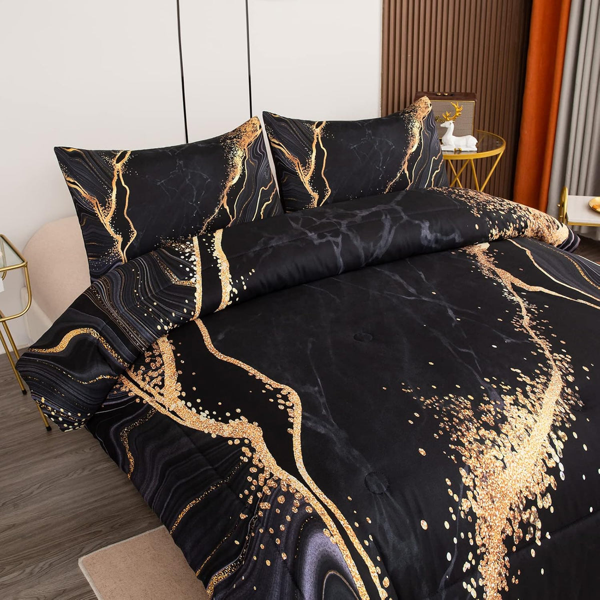 Marble Comforter Set Queen, Black and Gold Soft Microfiber Bedding with 2 Pillowcases
