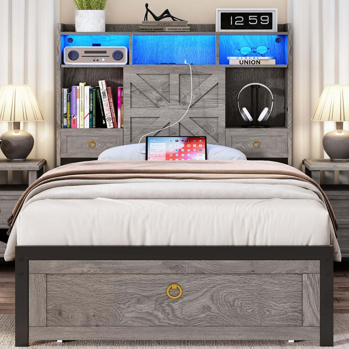 Bed Frame with Storage Headboard, Farmhouse Wood Bed Frame with 3 Drawers, LED Light & Charging
