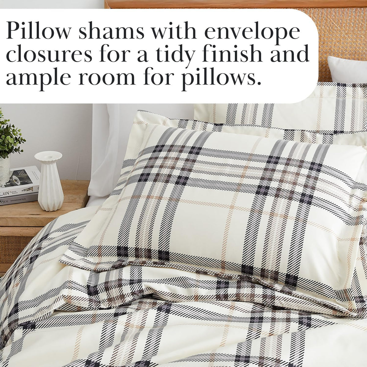 3 Piece Comforter Set w/ Shams, Tofu Cream Bedding Plaid