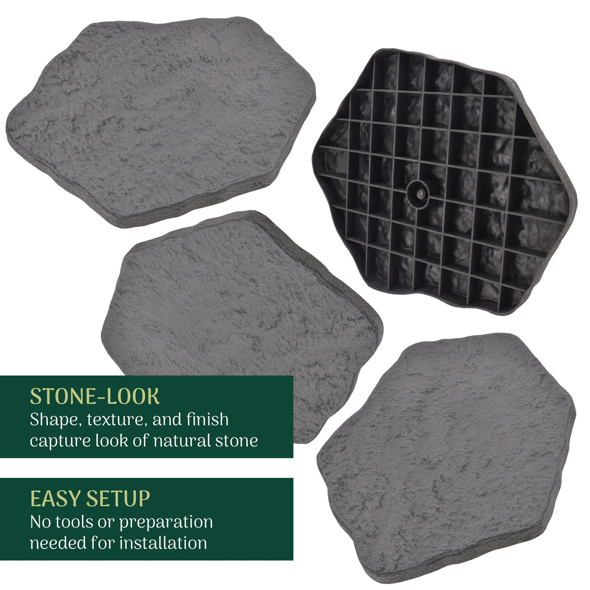 Set of 4, 16x17" Dark Gray Stepping Stone Fiberclay Pavers, Outdoor Garden Natural Repeatable Pattern Pathway, Faux