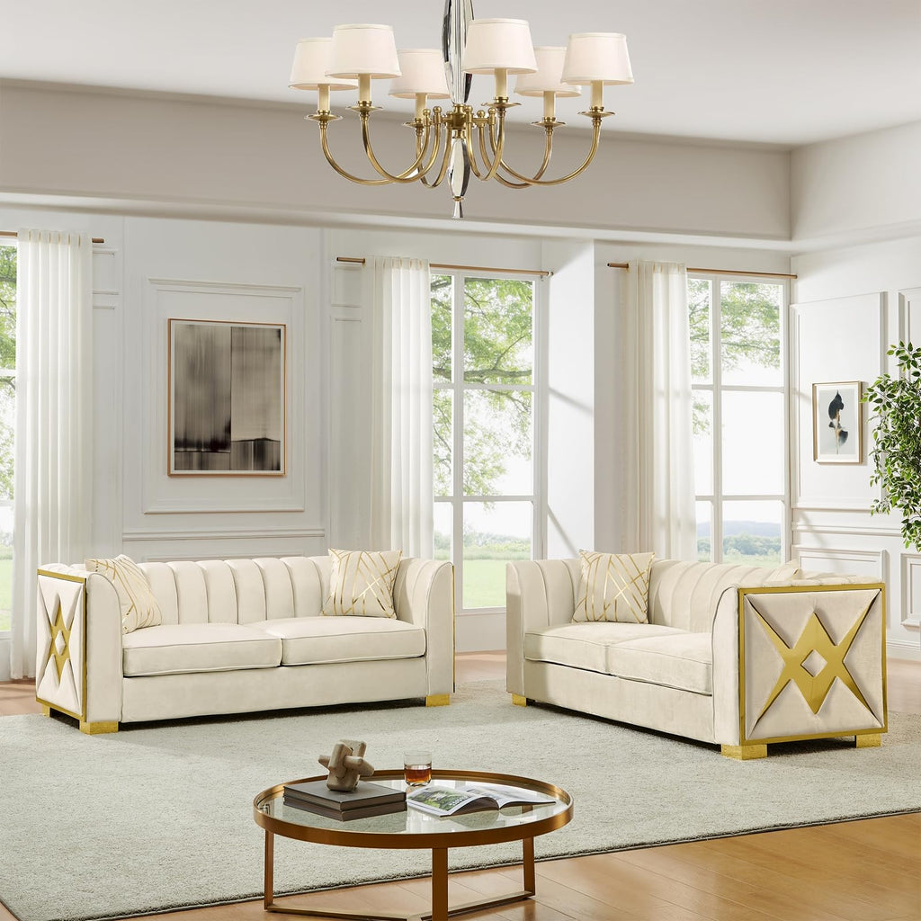 2 Piece Mid Century Modern Chesterfield Sofa Set, Tufted 2 Piece Couch Sets with Gold Stainless Steel Accents Luxury