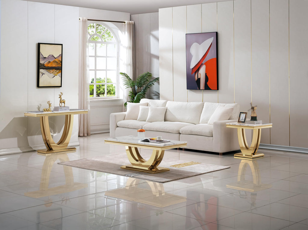 Inspired Saarinen Style Marble Luxury Gold Side Table with Geometric U-Shape Stainless Steel Pedestal Modern Square Sofa Side Table White