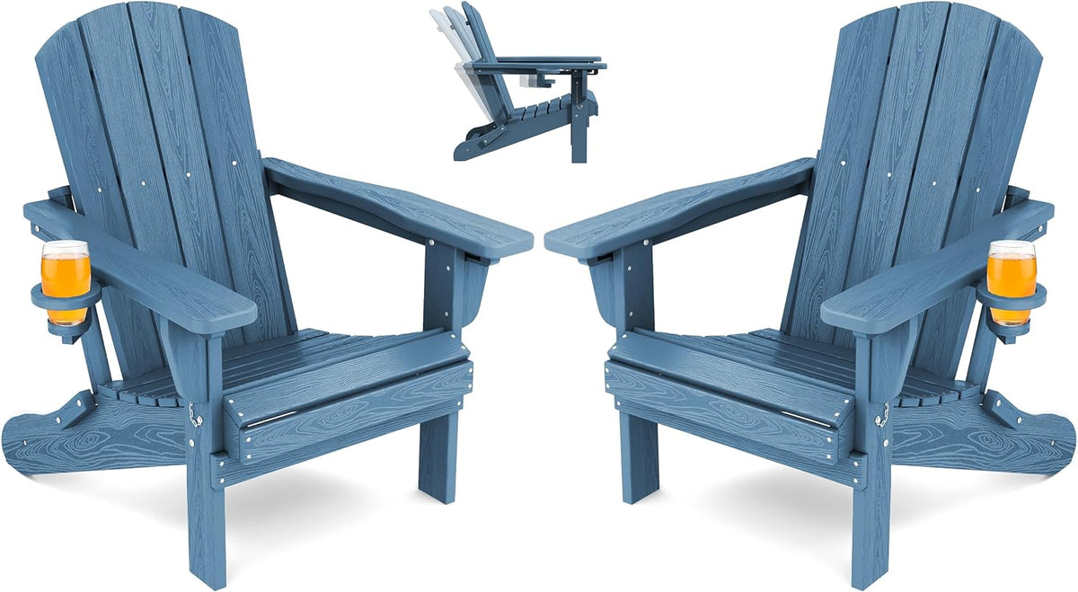 Folding Adjustable Adirondack Chairs Set of 2, Cup Holders, Blue | Adirondack Chair with 3 Recline Positions, All
