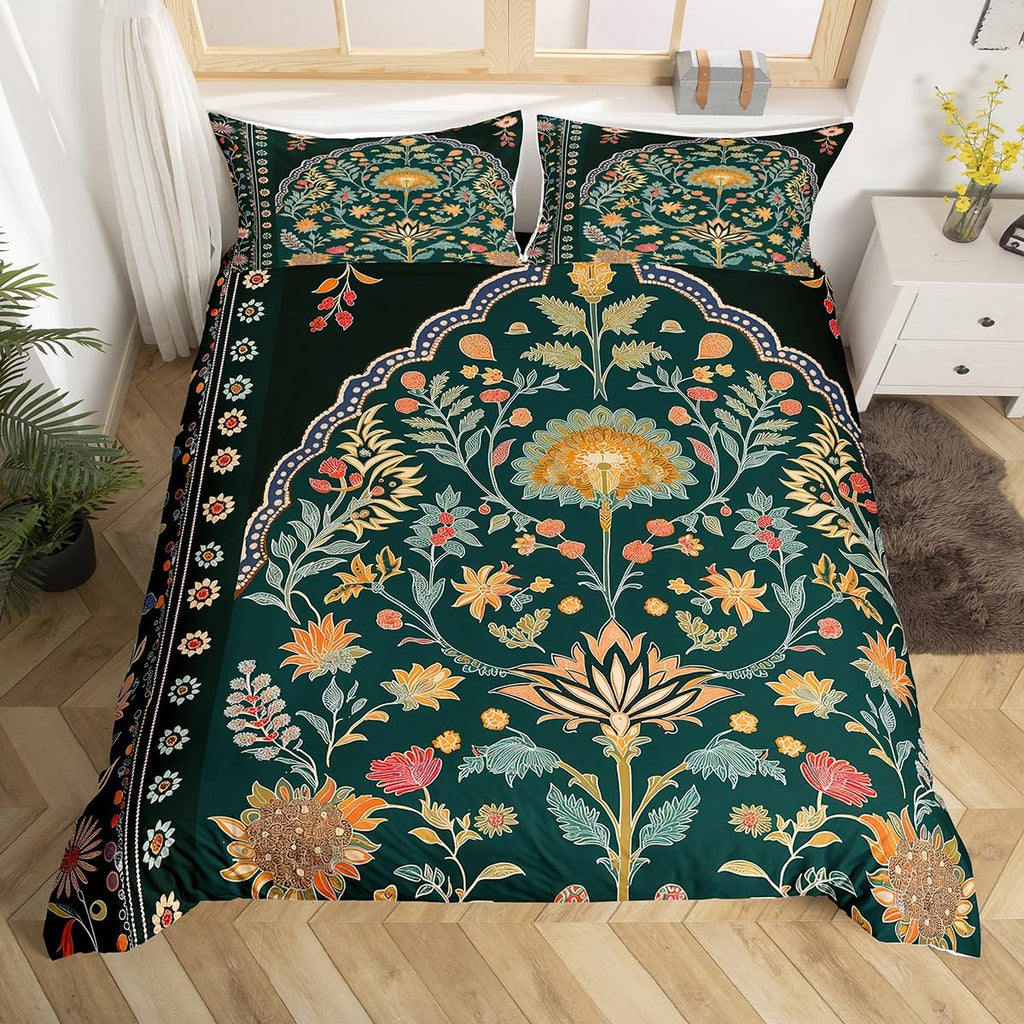 Bohemian Duvet Cover Ethnic Baroque Bedding Set, Girls Boho Floral Leaves Comforter Cover Indian Classical Texture