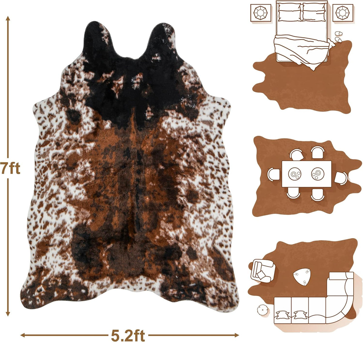 Cow Print Faux Cowhide Rug, Fluffy Fur Washable Cow Rugs Bedroom Animal Print Hide Skin Rustic Western