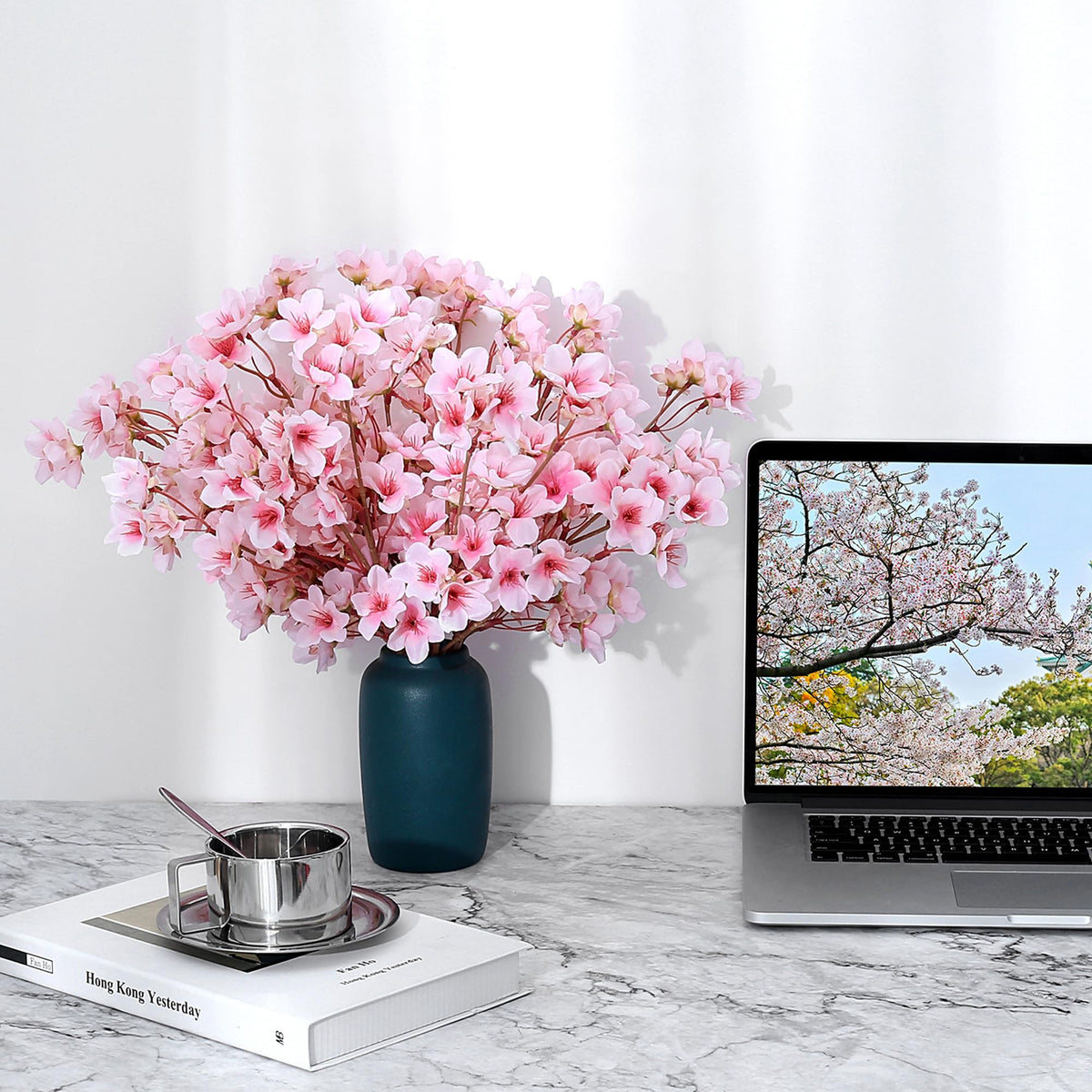 6Pcs Artificial Cherry Blossom Branches Decor Fake Flowers Silk Spring Faux Flowers 16" Peach Bouquet Wedding Bedroom