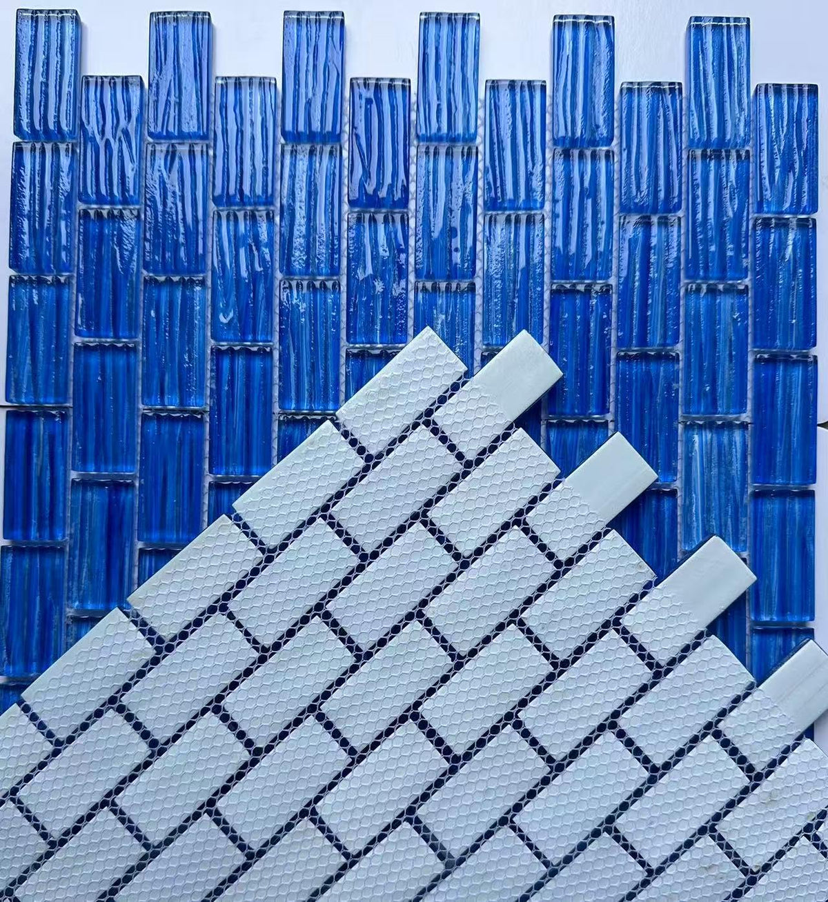 Ocean Blue Glass Mosaic Tile - Textured Subway Pattern, 12"x12" Blue Glass Tiles Backsplash, Bathroom, Pool & Spa
