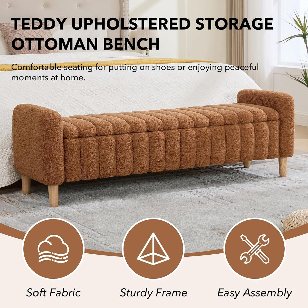 63.4" Storage Ottoman Bench, Flip-Top End of Bed Bench (Caramel) | Teddy Upholstered Entryway Bench, Channel Tufted