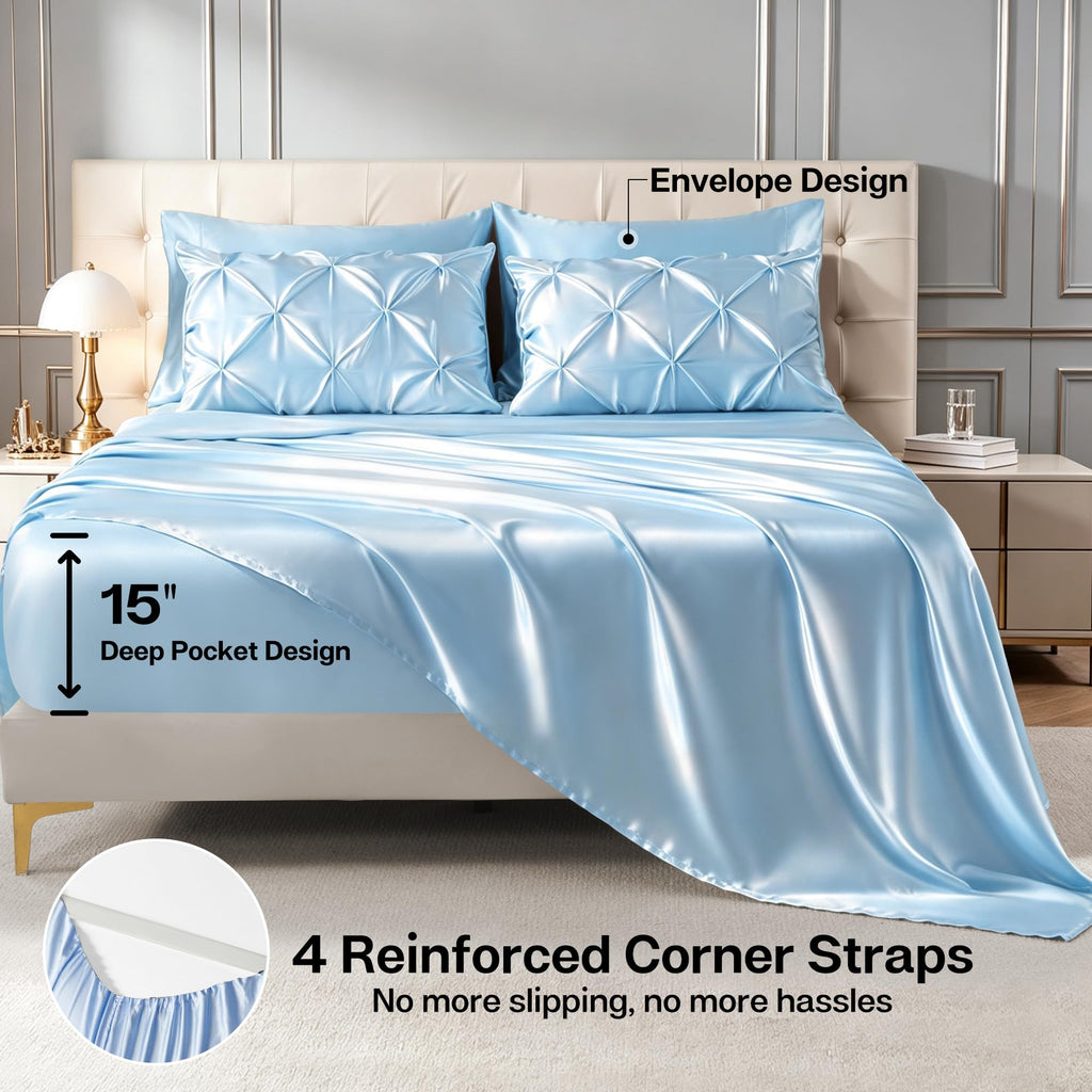 Satin Comforter Set Light Blue, 7-Piece Pintuck Bed in A Bag