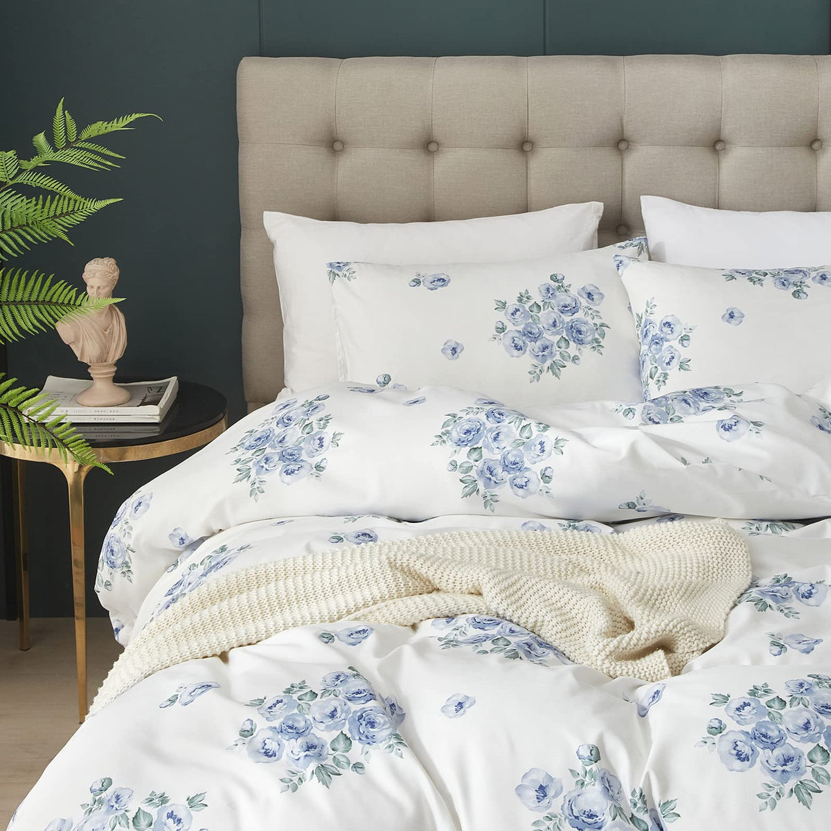 Blue Rose Floral Duvet Cover, Blue and White Farmhouse