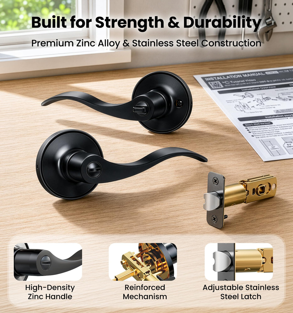 2 Pack Privacy Door Handles with Lock for Bed/Bath, Matte Black