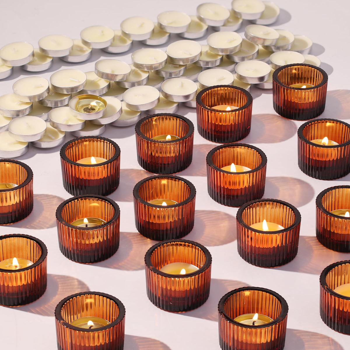 30Pcs Ribbed Amber Votive Candle Holders for Fall Table Decor, Amber Tea Light Candle Holders with 32pcs Tea Light