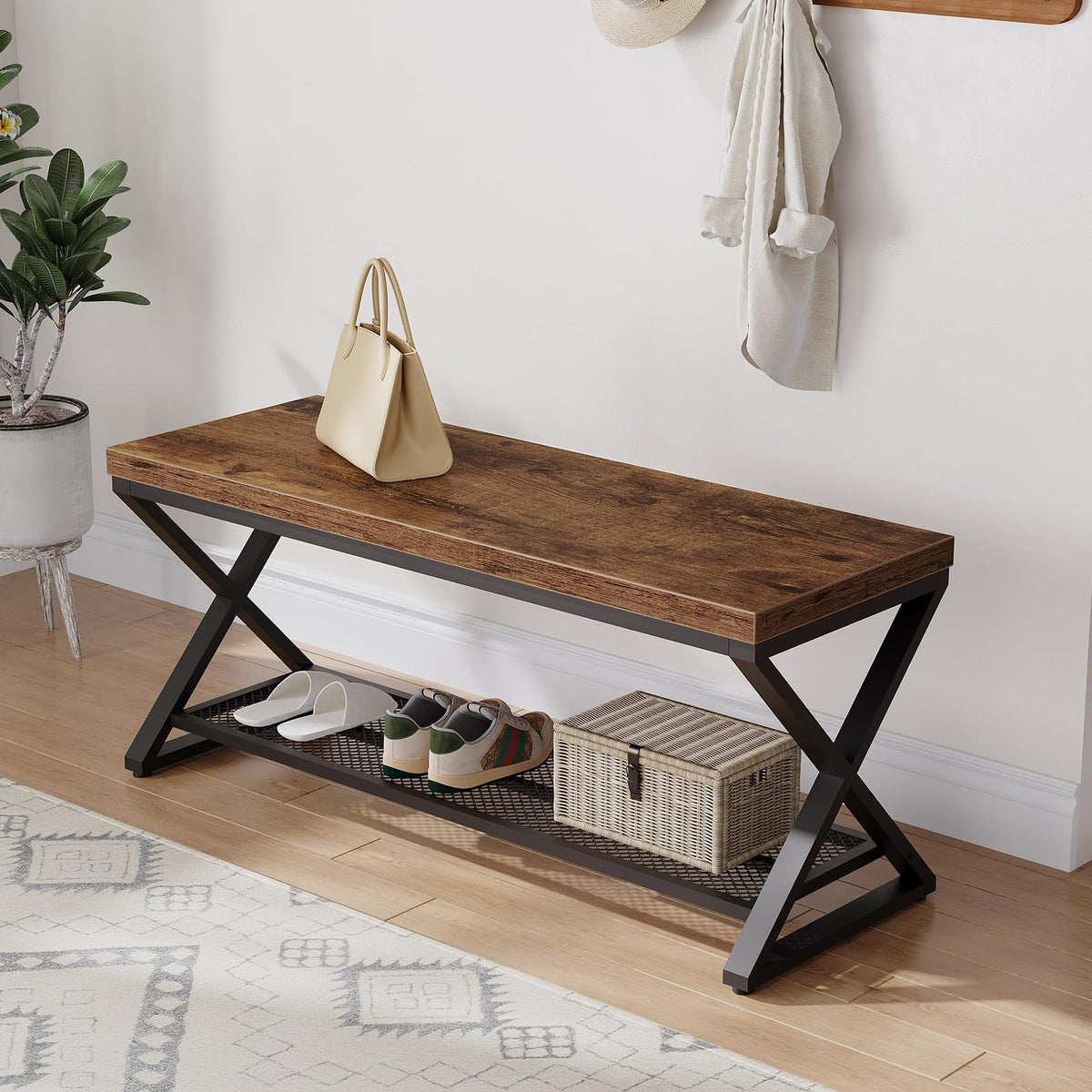 Rustic Brown Entryway Bench, 39" Industrial Shoe Bench with Storage