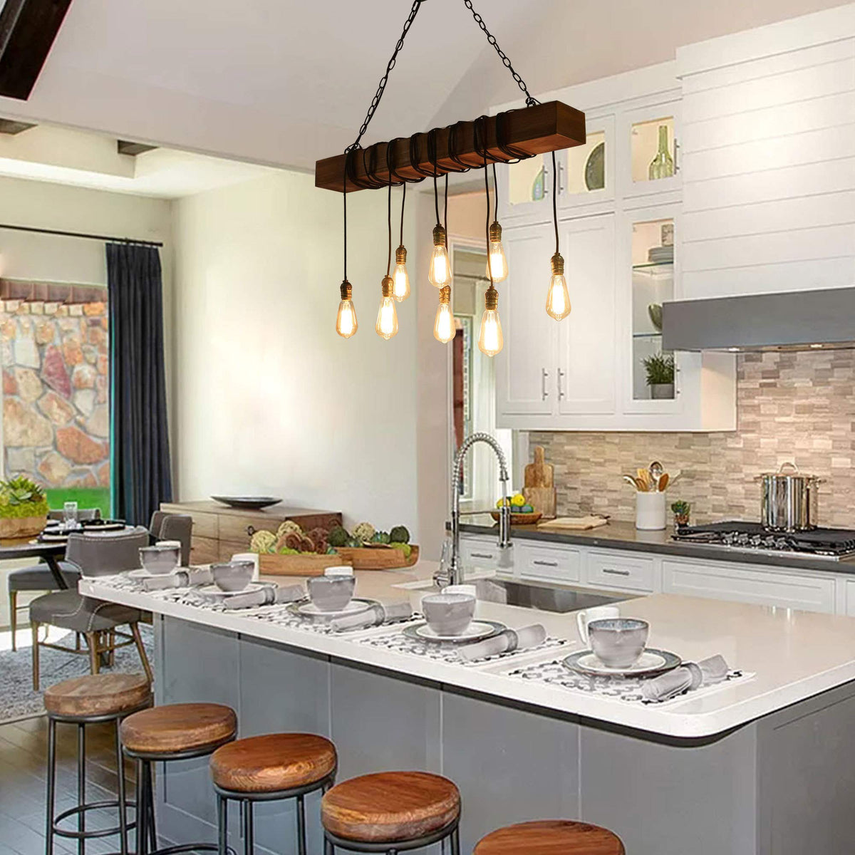 8-Light Wood Farmhouse Rectangular Chandelier