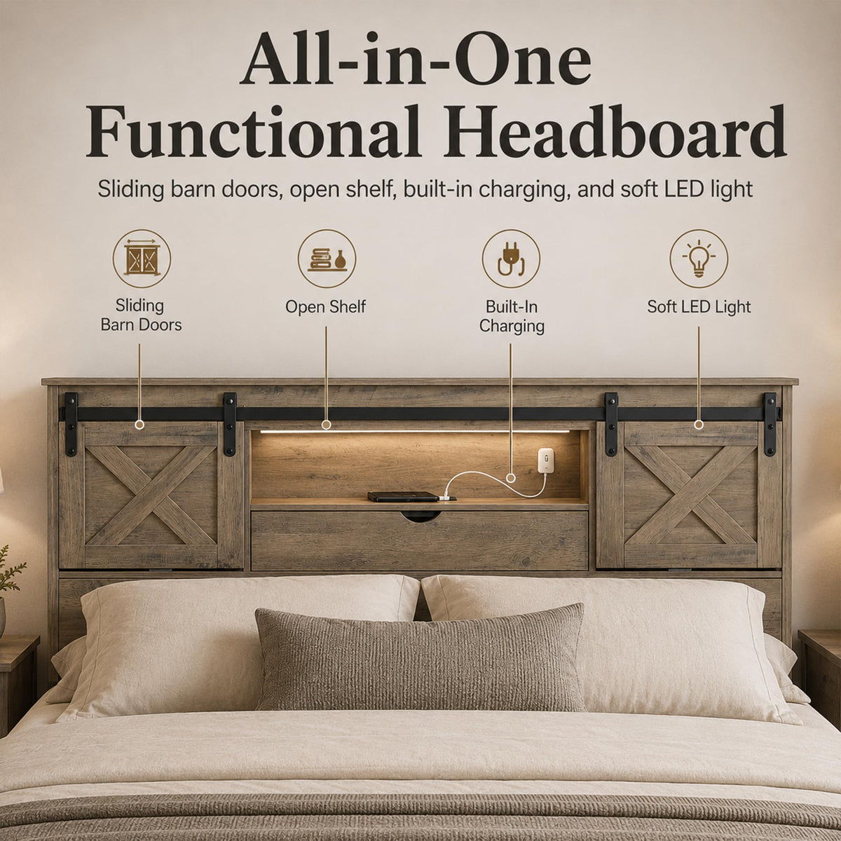 Farmhouse Bed Frame with Barn Door Headboard and Drawers, Grey