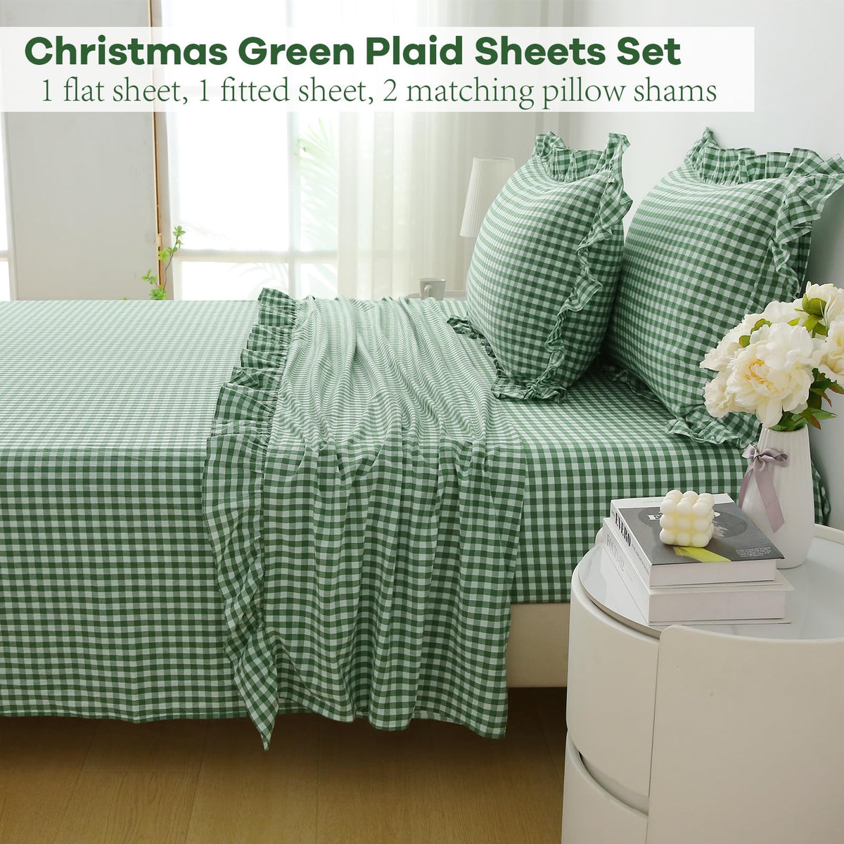 Green White Gingham Ruffle Sheets 4-Piece Set
