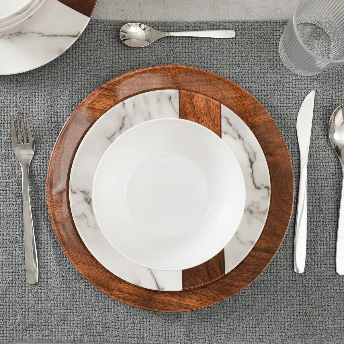 Rustic Modern Melamine Dinnerware Sets, Marble Dishes Set for 4