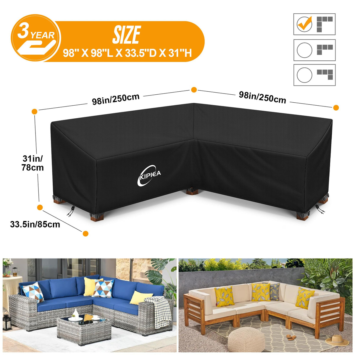 Patio V-Shaped Sectional Sofa Cover, 420D Heavy-Duty Oxford Fabric Outdoor Sectional Cover with 6 Windproof Buckles