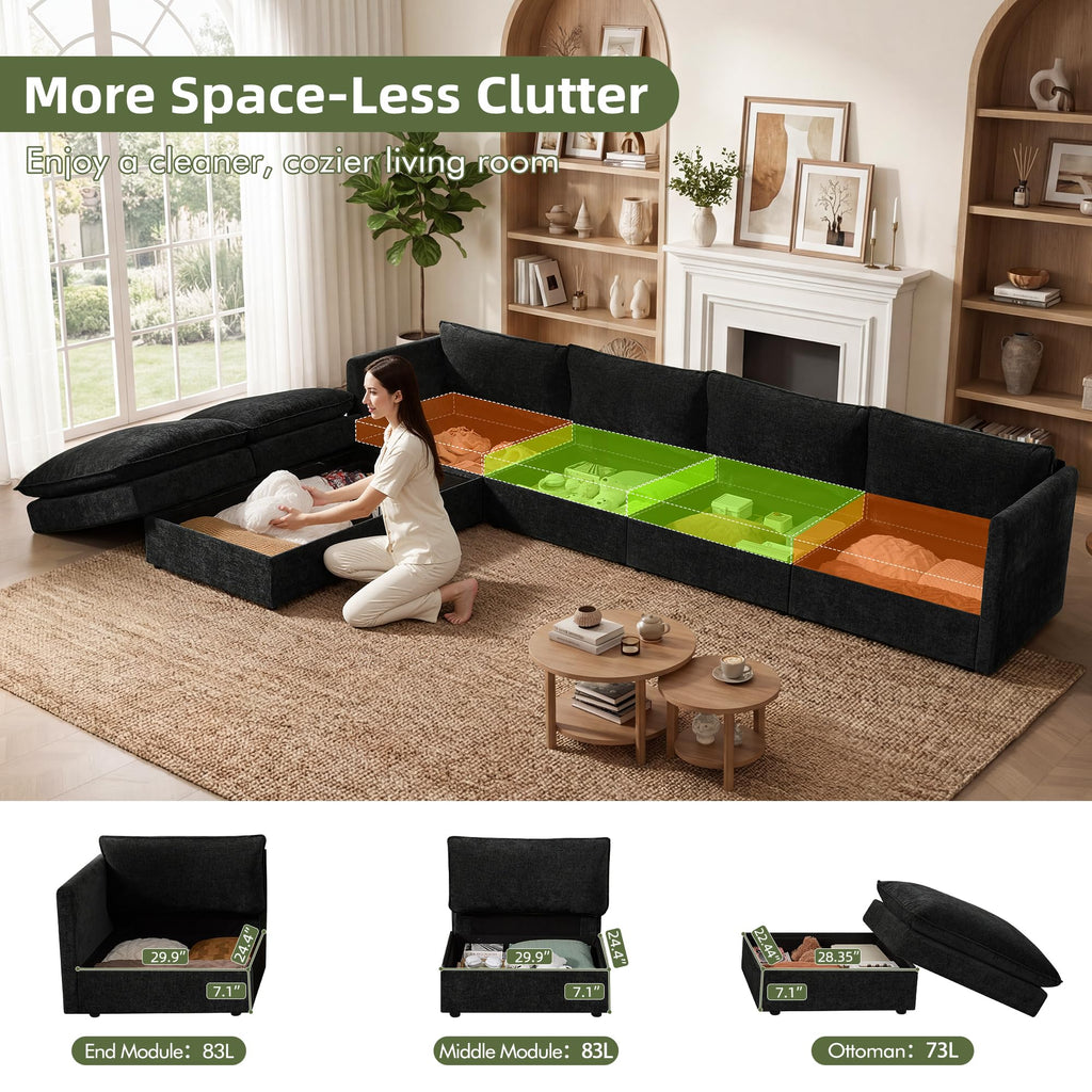 Modular Sectional Sofa with Storage Ottomans, 135" U-Shaped Cloud Couch, Comfy Modern Couches with Pillows &