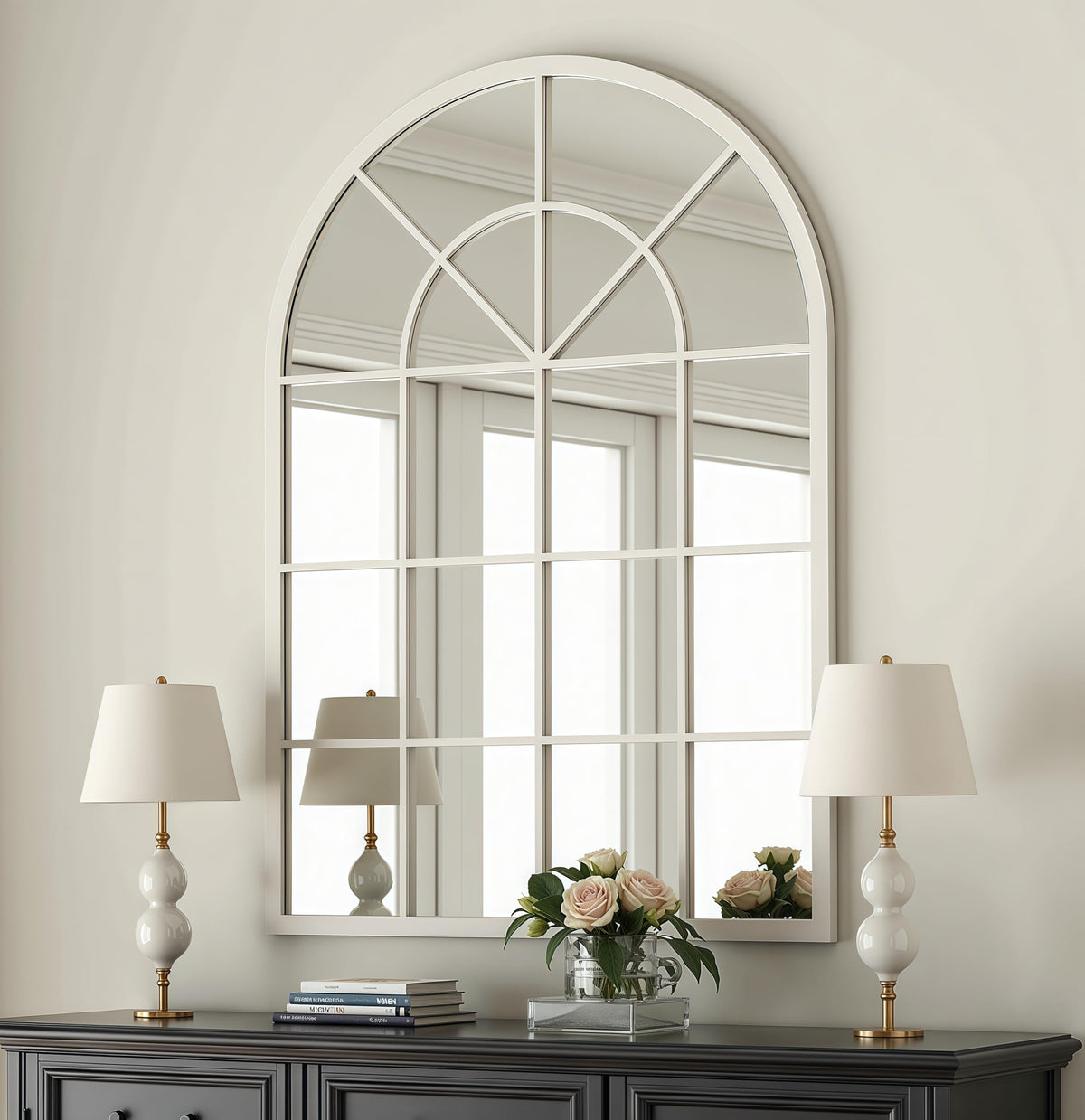 Arched Wall Mirror, 42"x30" Metal Frame Windowpane Mirror, White