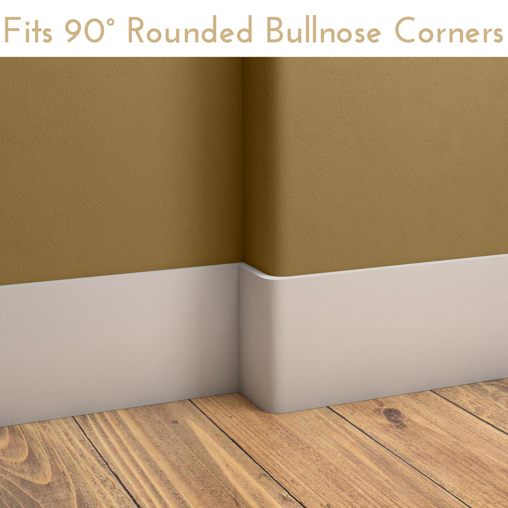 5.5" x 5/8" Rounded Outside Bullnose Corner Baseboard Molding and Trim Block. Pine. Primed White. Fits Standard 3/4"
