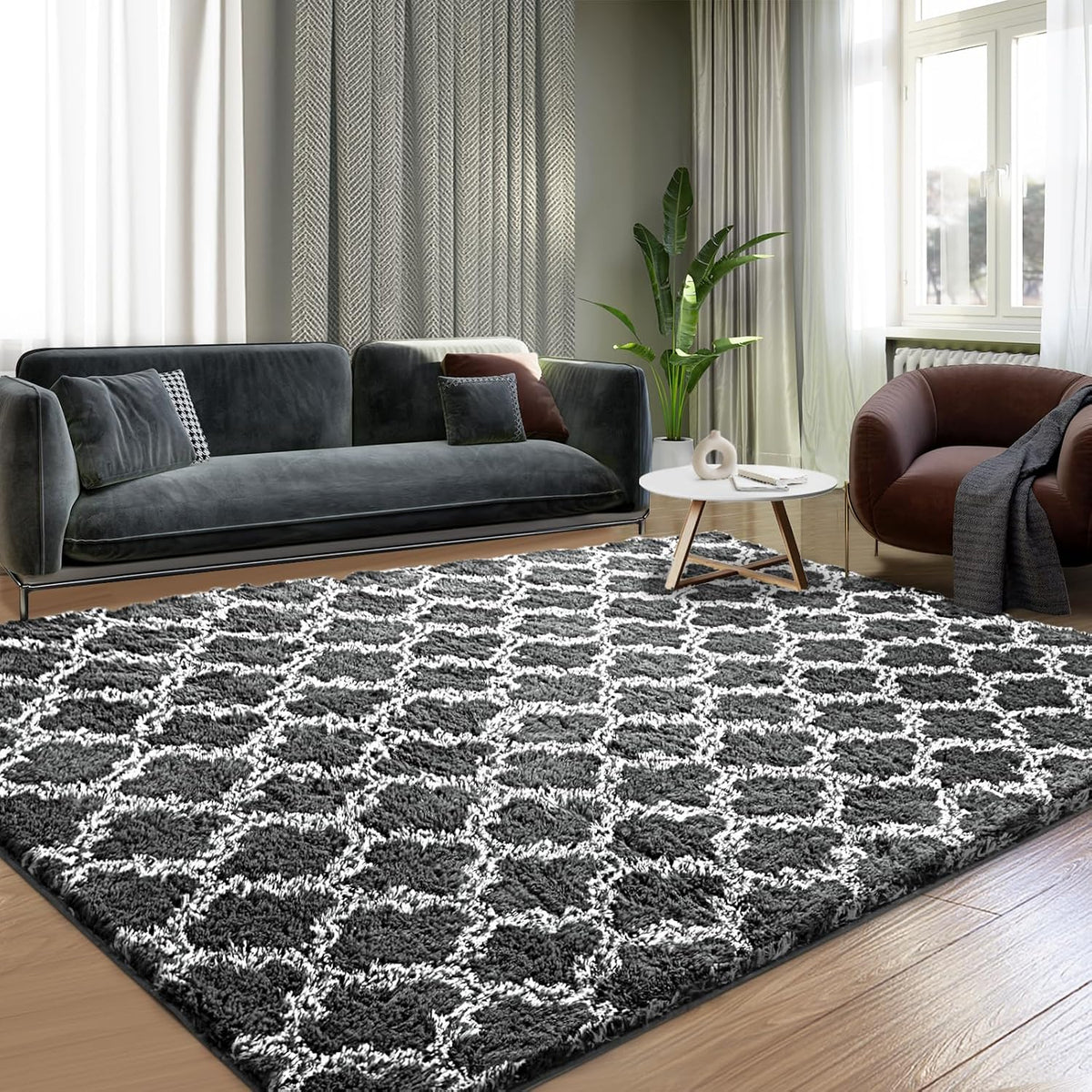 5x7 High Pile Shag Area Rug, Soft Plush Indoor Carpet for Living Room Bedroom Dark Grey