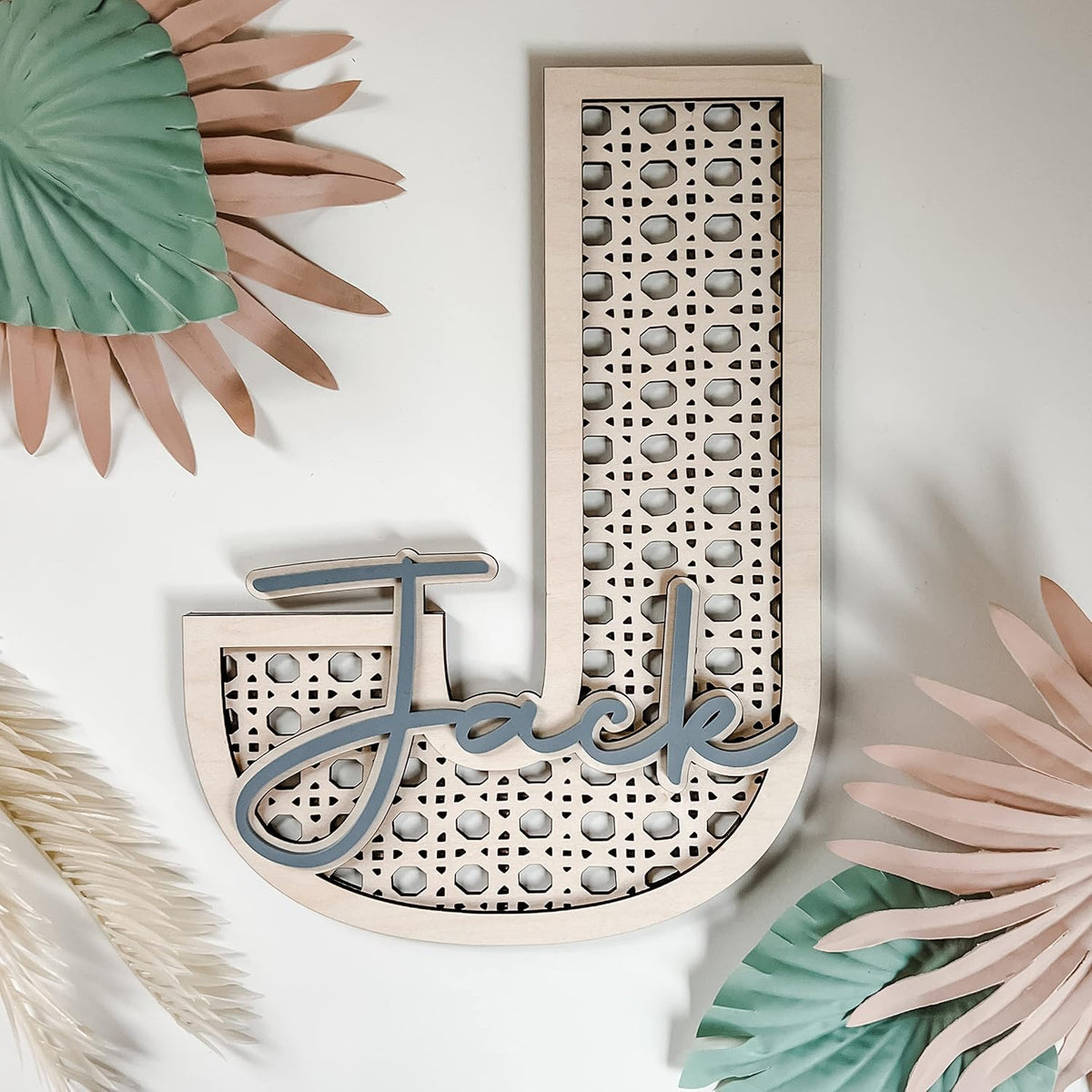 Boho Wood Personalized Initial & Name Sign - Rattan Wall Decor or Child's Bedroom - Baby Shower Present or Newborn