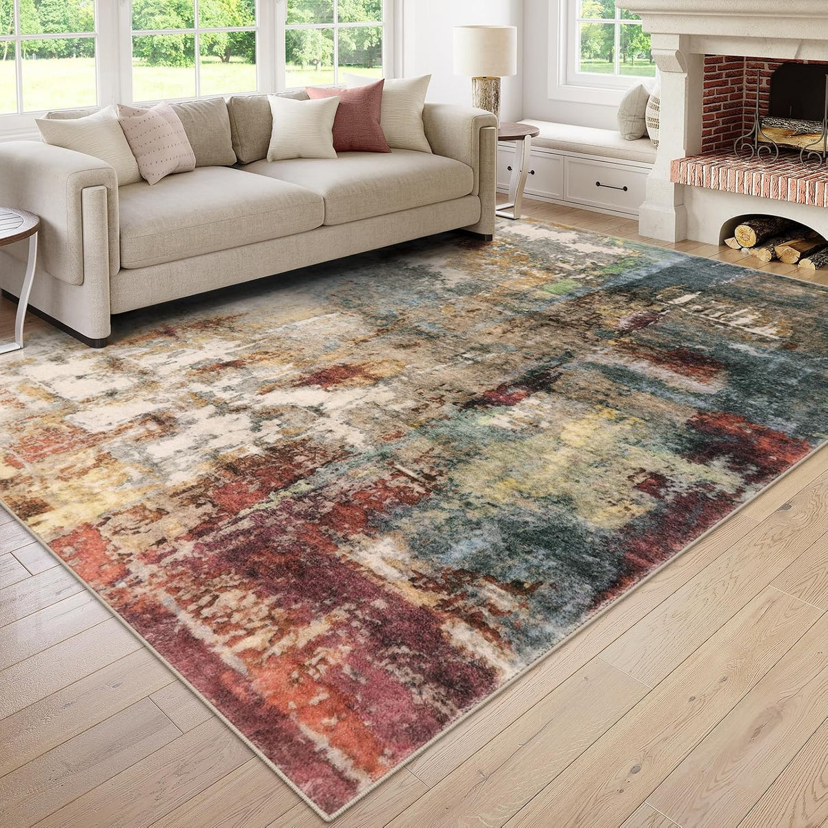 Modern Abstract Living Room Rug, Washable Area Rugs Stain Resistant Non Slip, Large Red Soft Indoor Carpet