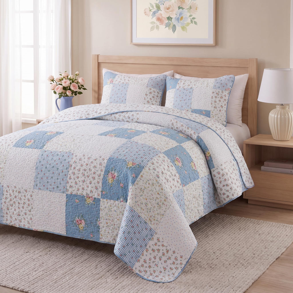 Bluebell Cottage Floral Cotton Quilt Set, with 2 Shams