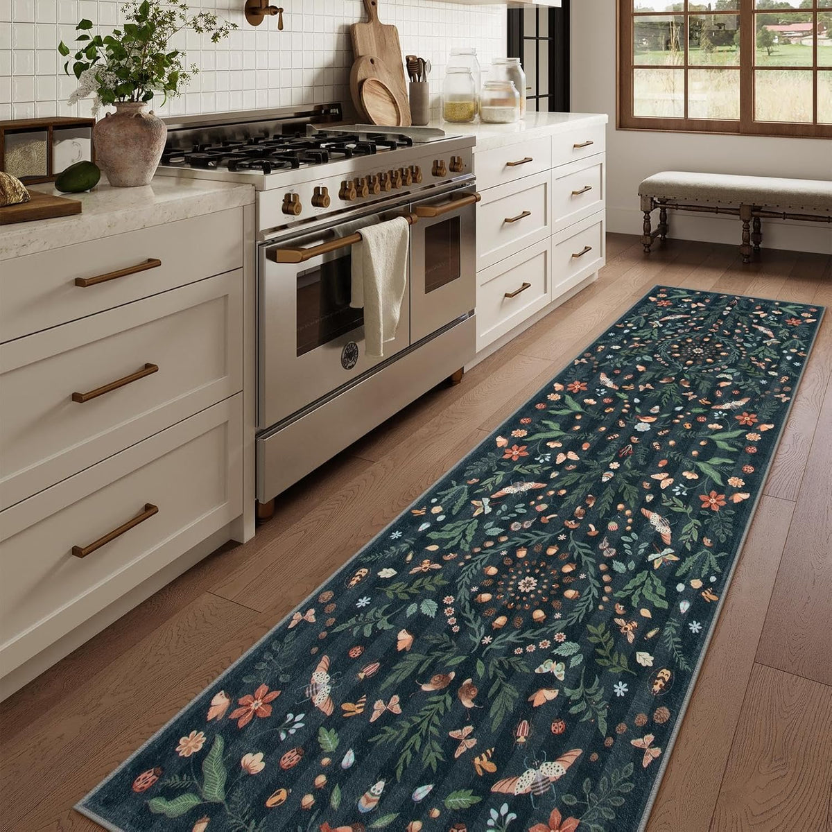Insect Botanical Black Runners for Hallways, Non Slip Washable Kitchen Bathroom Carpet Runner,Soft Non Skid