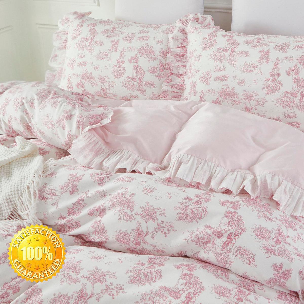 French Country Toile Queen Duvet Cover Set for Girl Women Bedroom Vintage Pink Toile Floral Print 100% Cotton Duvet
