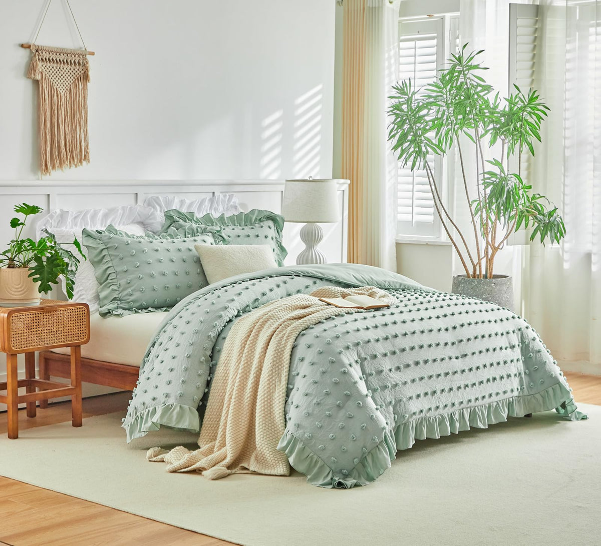 Tufted Dots Ruffle Comforter Set, 3 Pieces Sage Green Vintage Farmhouse Shabby Chic Comforters, Jacquard