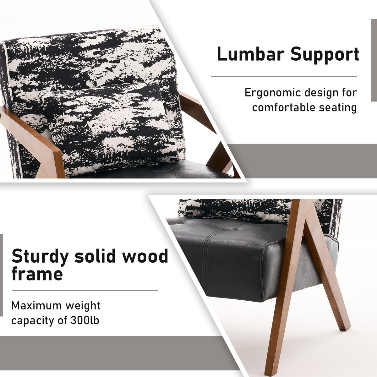 Mid-Century Modern Accent Chair Set of 2 with Solid Wood Frame, Upholstered Leather Living Room Arm Chairs with Pillow