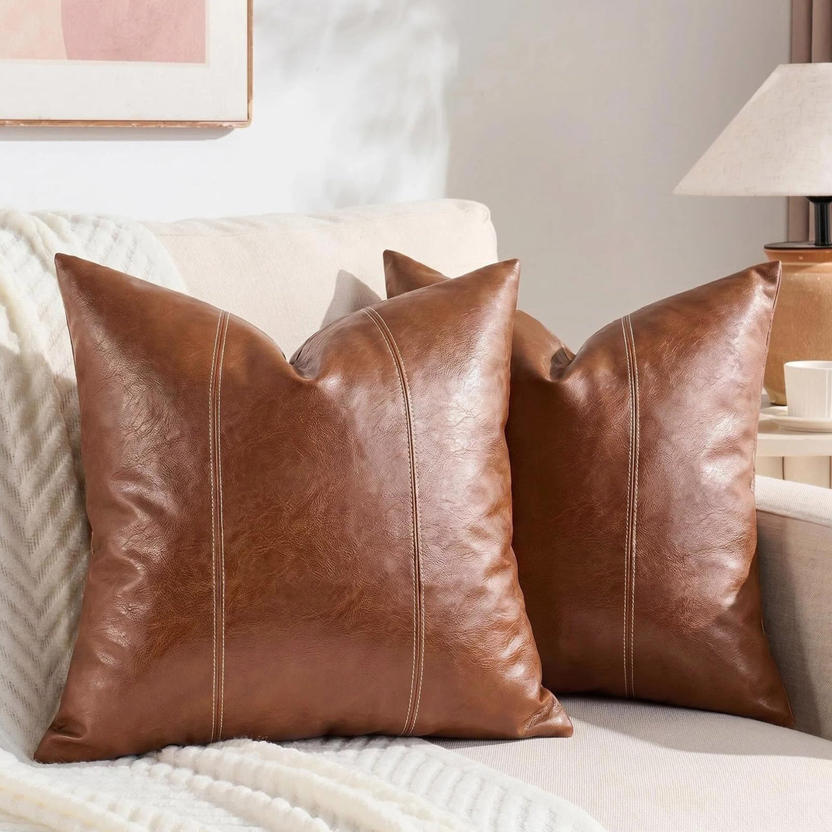 2 Packs Boho Brown Waterproof Faux Leather Decorative Throw Pillow Covers 18x18 Inch for Outdoor Couch Bed Sofa, Hand