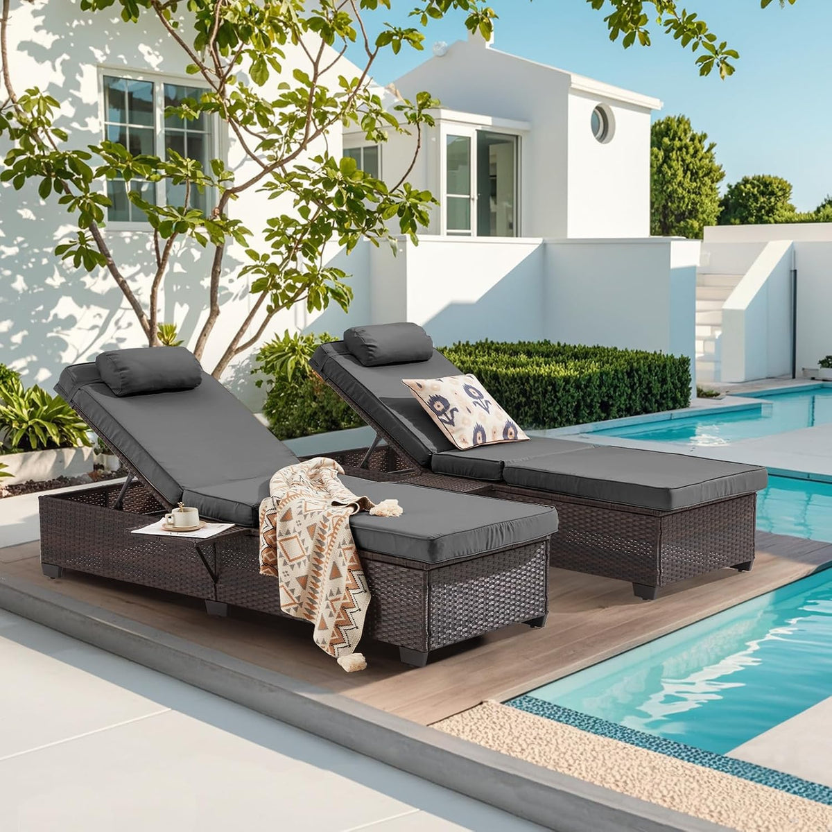Outdoor Lounge Chairs, Pool Lounge Chairs Set of 2, Outdoor Chaise Lounge with Adjustable Backrest & Cup Holder,Grey