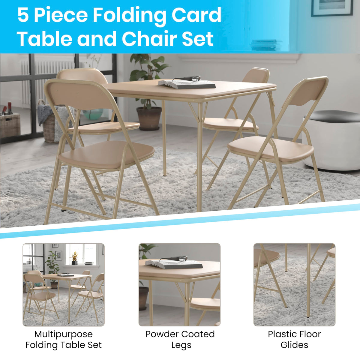 Madison 5-Piece Folding Card Table and Chair Set, Tan