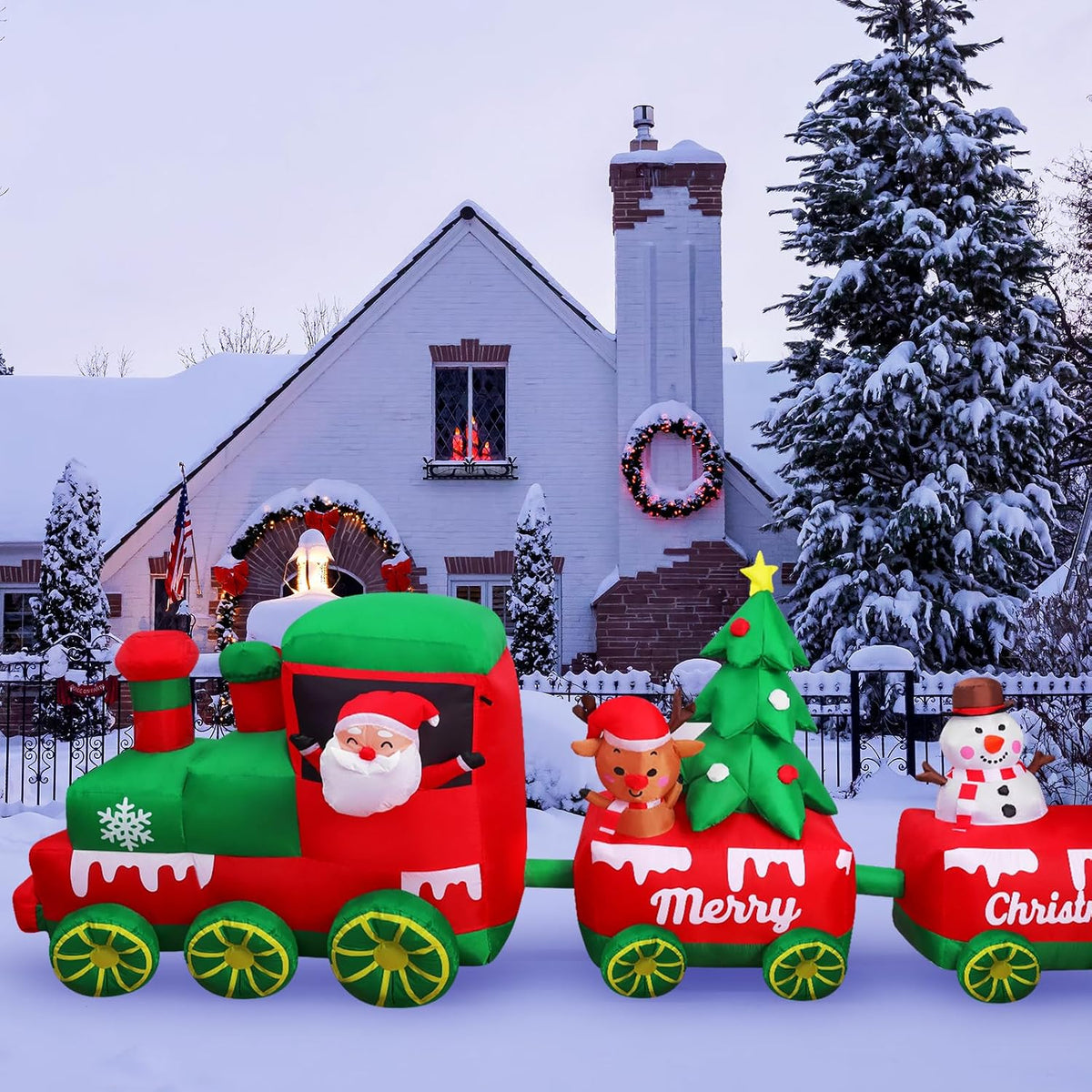 10.7 FT Christmas Inflatables Train with Santa Claus Reindeer Snowman Christmas Tress Built-in LED Lights Blow Up
