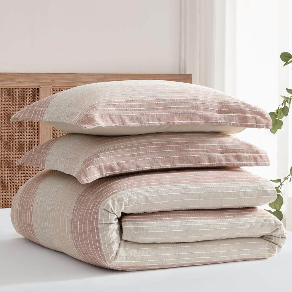 Sand Stripes Blush Comforter Set (90x94in) with 2 Pillowcases (26x20in) - Woven Jacquard Stripe - Pink