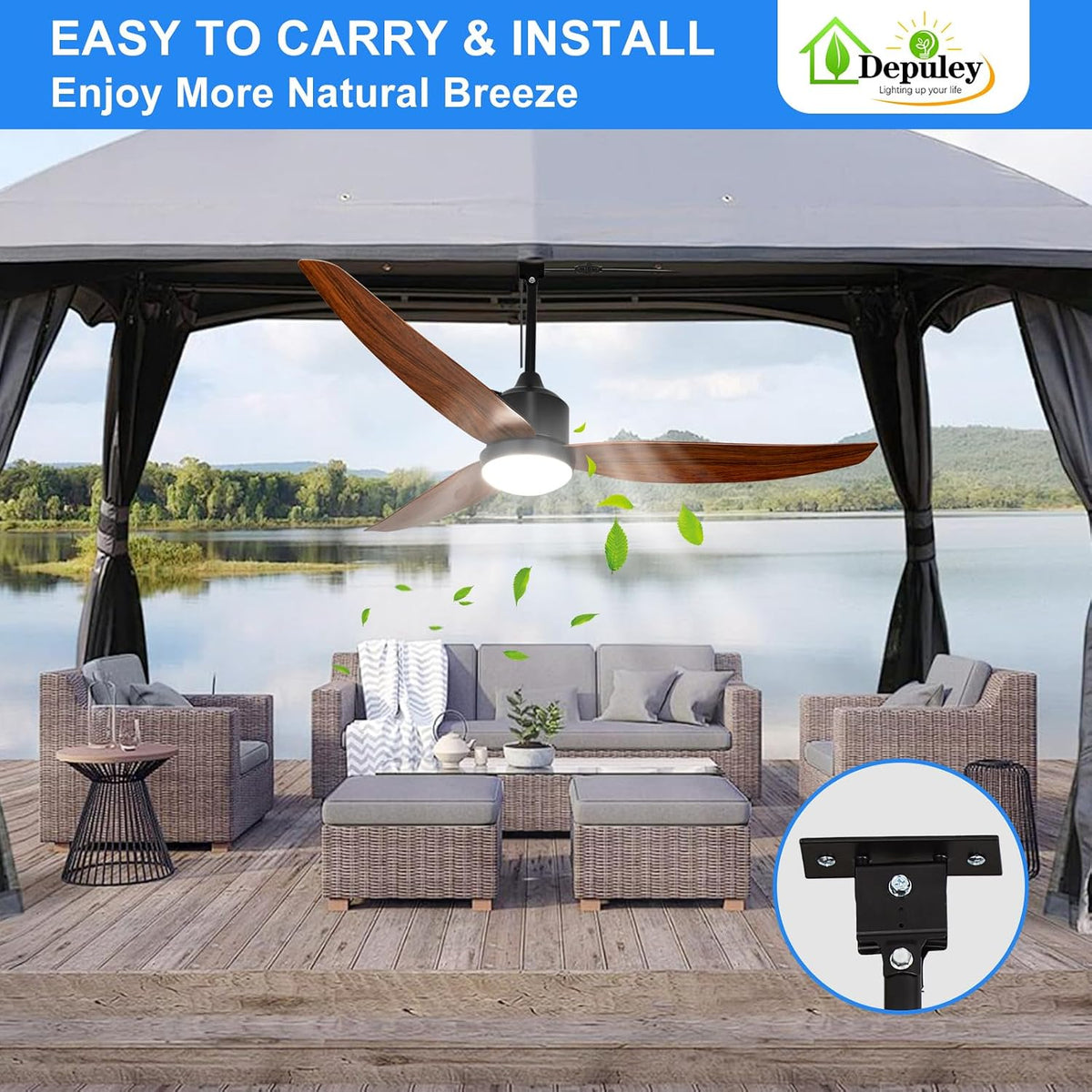 52 Inch Walnut Waterproof Gazebo Fans with Lights Outdoor Hanging - Plug in Fan for Patios - Dimmable Remote App Control