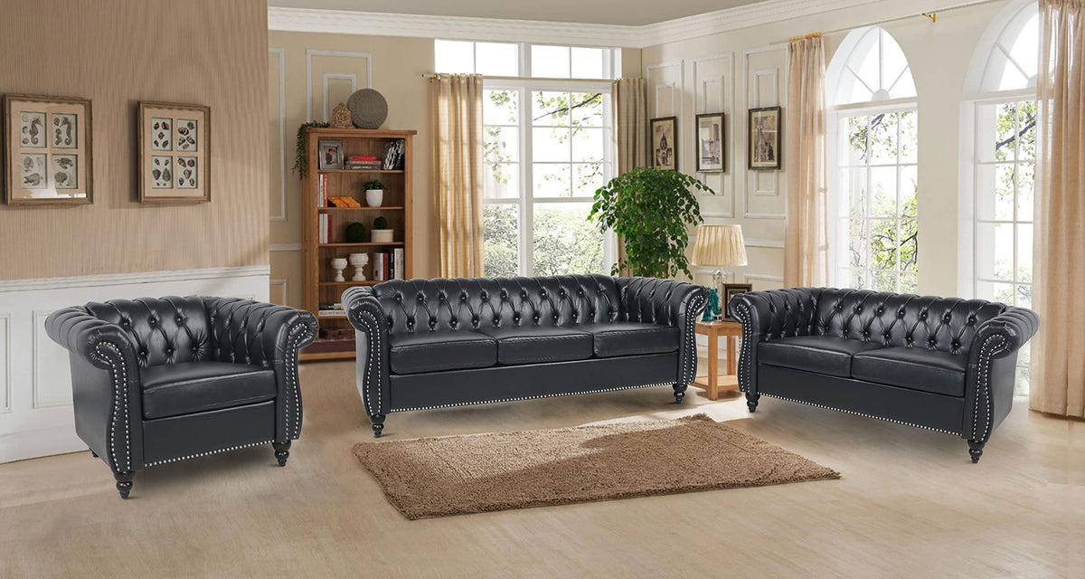 Modern 3 Seater PU Chesterfield Sofa, Upholstered Tufted Button Leather Chesterfield Couch, Classic Faux Leather