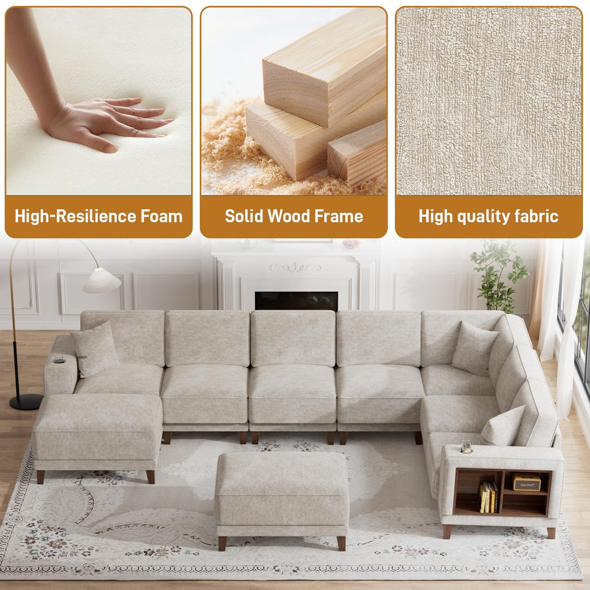 Oversized Modular Sectional Sofa, 9-Seat Deep Seat Sofa with Ottoman, USB Ports, Hidden Cup Holders, Side Storage