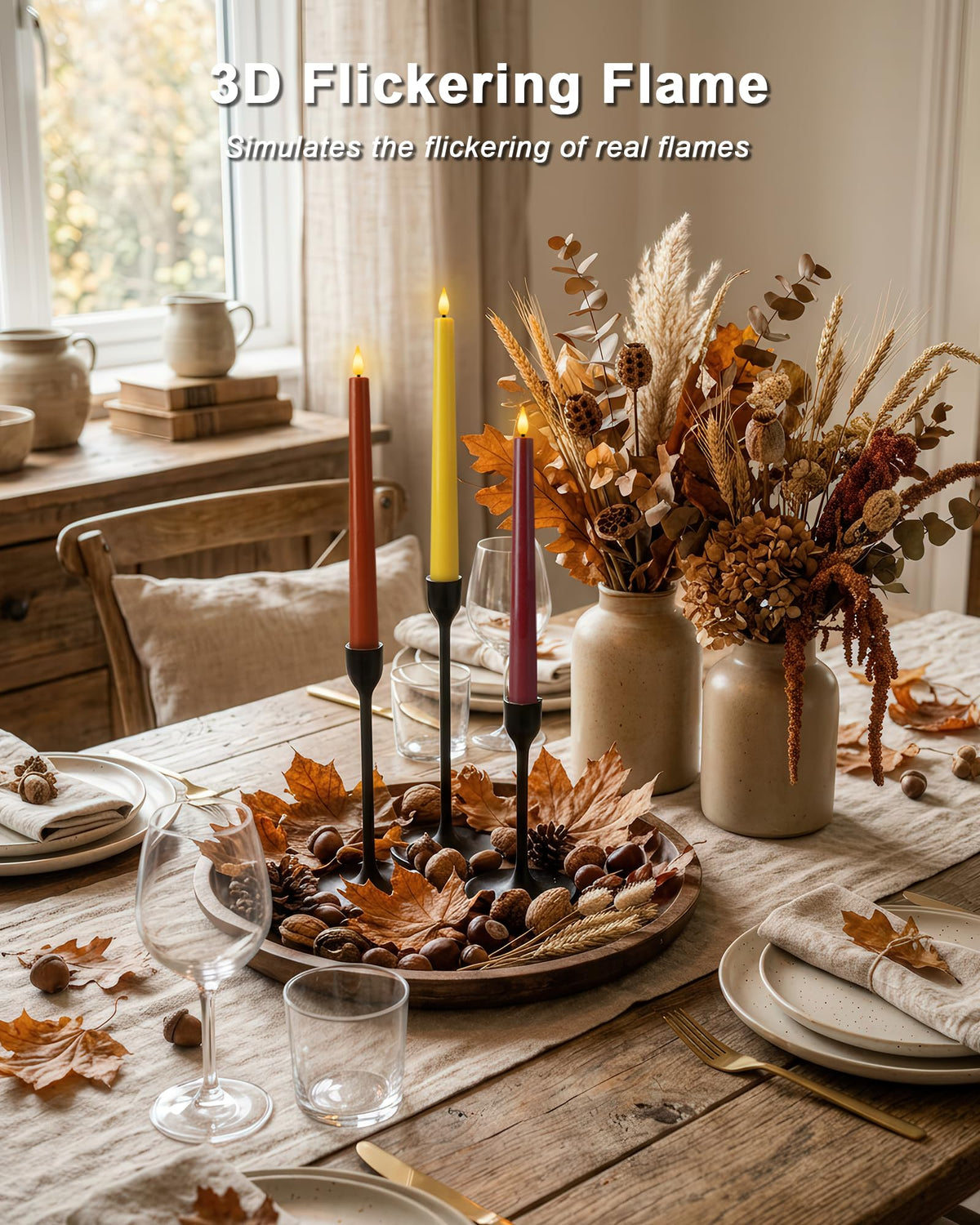 Real Wax Flameless Taper Candles, 9.6 Inch Warm Fall Colors Battery Operated LED Candlesticks 6 Pcs with Remote Timer