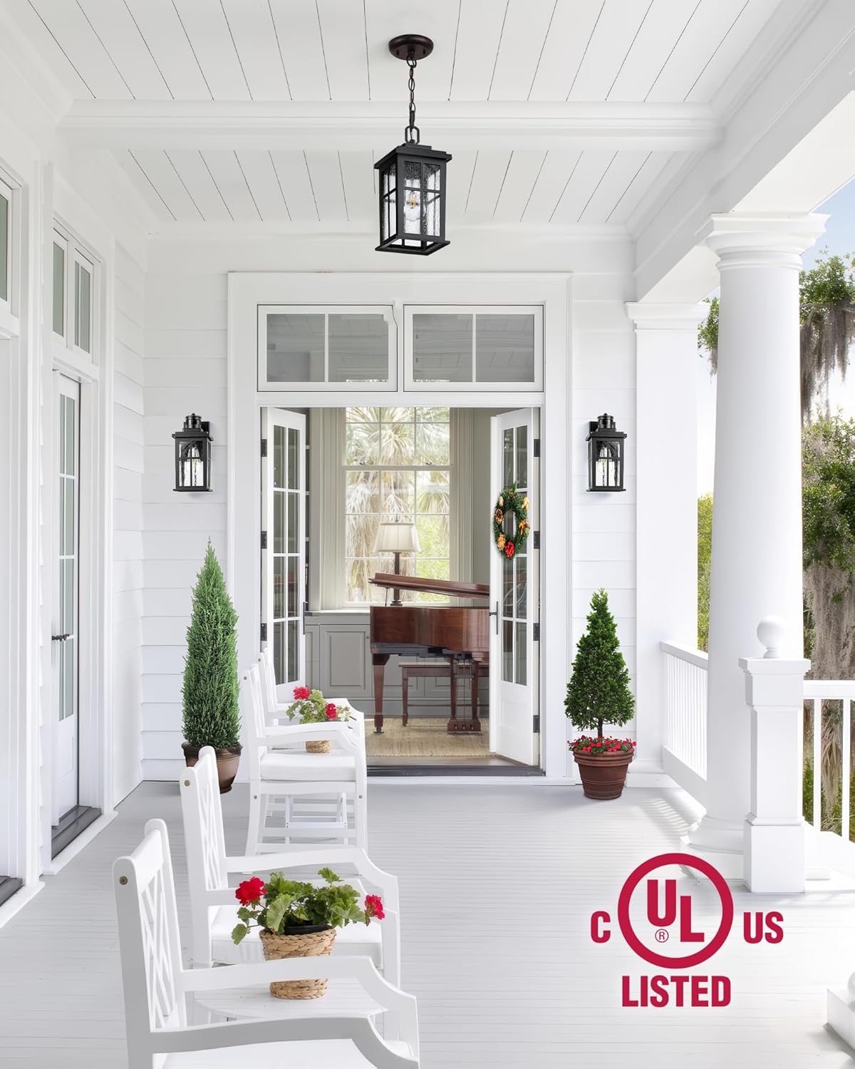 Outdoor Pendant Lights for Porch, Matte Black Outdoor Hanging Lights with Adjustable Chain
