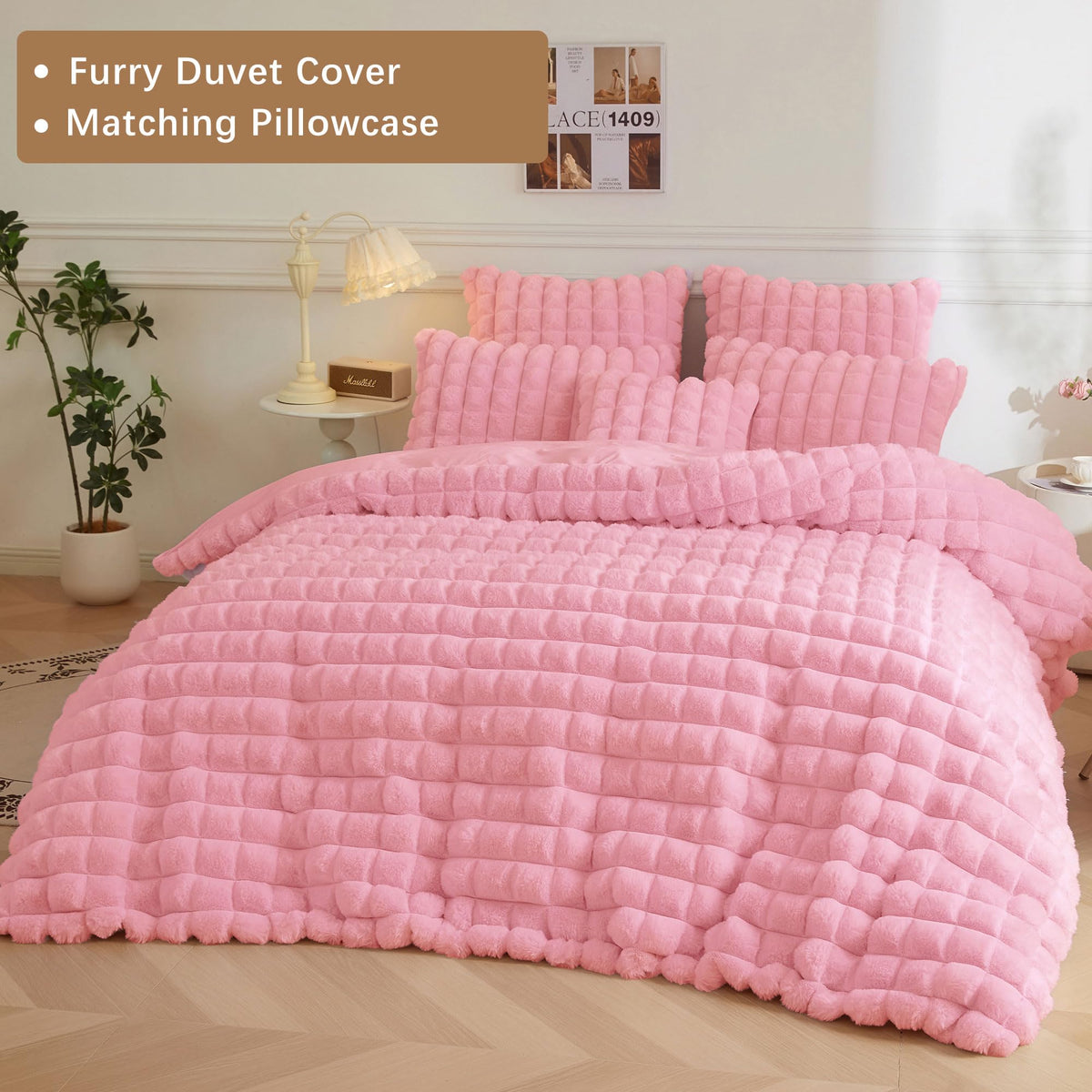 Fluffy Bubble Faux Rabbit Fur Duvet Cover Set 3 PCS, Pink