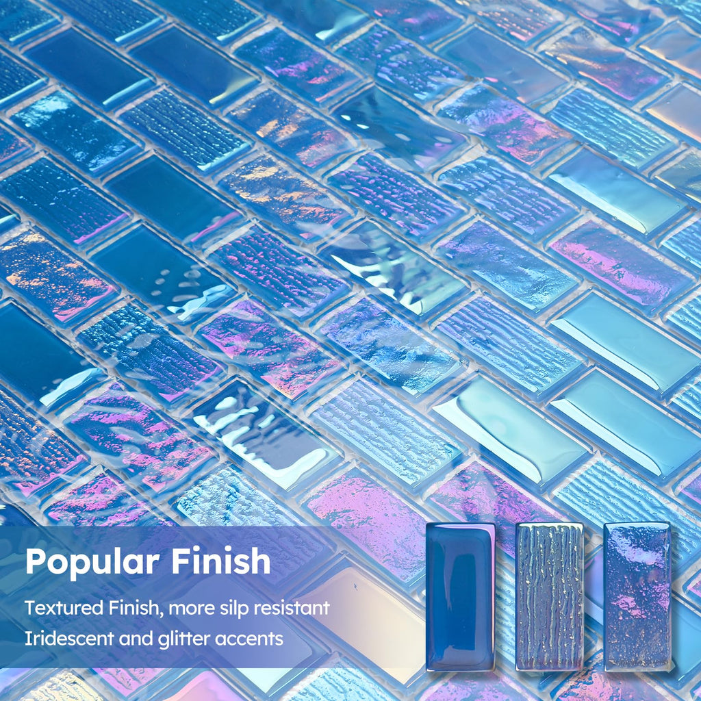 Pool Glass Mosaic Tiles, Iridescent Blue, 1x2 Inch Brick, 5 Sheets