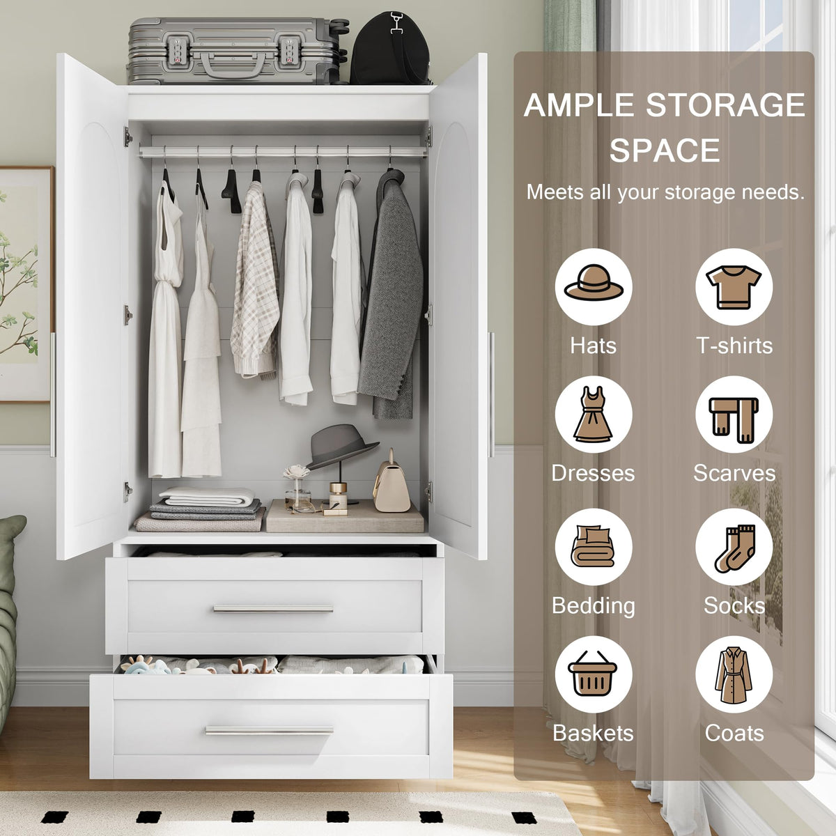 Wooden Armoire Wardrobe Closet with 2 Doors and 2 Drawers, Bedroom Freestanding Armoire Storage Cabinet with