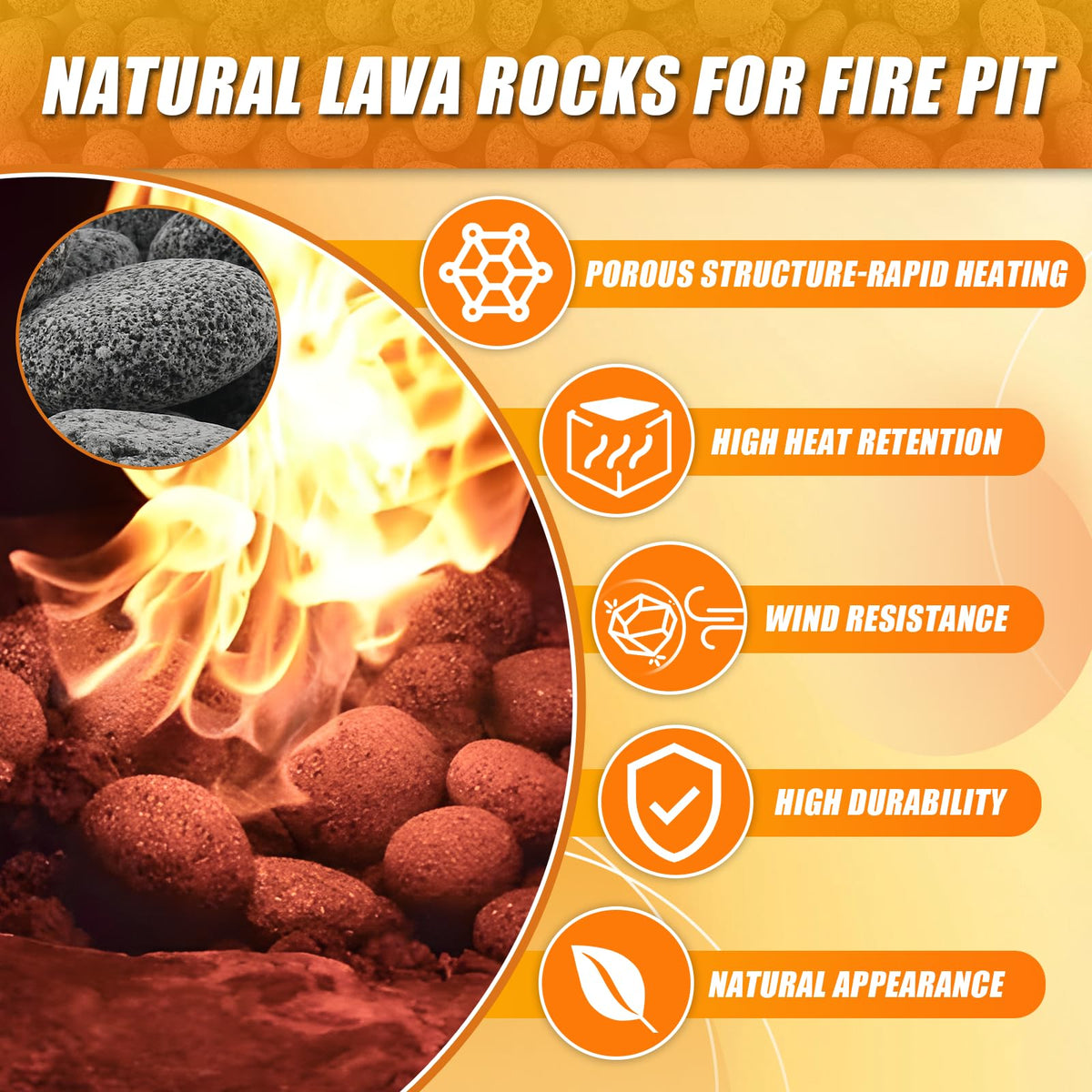 45 Lb Lava Rocks for Fire Pit, 2"-3" Natural Pebbles Tumbled Lava Rock, Round Fire Pit Rocks for Portable Fireplaces
