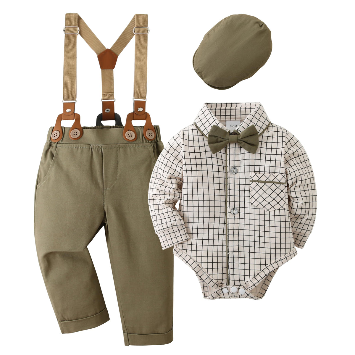 Baby Boy Gentleman Outfit Baby Boy Clothes Dress Shirt/Bowtie/Suspender Pants Set Green